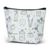 A small cosmetic bag in white featuring dental and health-themed illustrations in green and light blue.