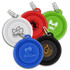 A set of five silicone collapsible pet bowls in red, blue, green, black, and white, featuring various logos.