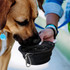 A black silicone collapsible pet bowl with a carabiner, held by a person while a dog drinks from it.