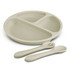 A pale green kids plate set featuring a divided plate and matching cutlery, including a fork and spoon.