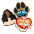 Three custom mouse mats featuring various designs: a silhouette of a woman, a paw print, and a heart with text, in multiple colours.