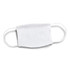 A reusable face mask in white with elastic ear straps and a branding logo.