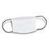 A reusable face mask in white with black ear straps, featuring a logo. Suitable for health and personal use.