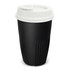 A drink bottle in black with a white lid, featuring a ribbed design and a logo. Holds 470ml.