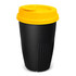 A drink bottle featuring a black body and a yellow lid, designed for convenient use. It includes branding on the surface.