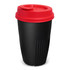 A drink bottle with a black body and a red lid, featuring a textured design and a logo.