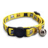 A yellow cat collar featuring illustrations of various cats and a silver bell. It has a plastic clasp and an adjustable design.