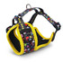 A pet harness featuring a colourful pattern with yellow accents and a black mesh interior. Contains a logo.