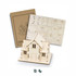 A wooden model kit of a house in natural wood colour, including a detailed layout and assembly guide.