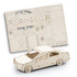 A wooden model car kit with unassembled parts displayed on a flat sheet. The model is light beige in colour.