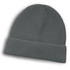 A grey beanie with a textured finish and a folded cuff, featuring a small logo.