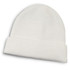 A white beanie with a ribbed texture and a folded cuff, featuring a logo.