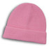 A pink brushed kids beanie with a folded cuff and a textured finish, featuring a logo.