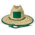A straw hat with a wide brim, featuring a green band and an adjustable chin strap. It has a blank logo area.