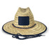 A straw hat in a natural beige colour with a navy blue band and adjustable chin strap. It features a branding patch.