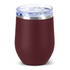 A drink bottle in a deep wine colour with a clear lid and a stainless steel band, featuring a logo.
