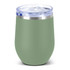 A drink bottle in matte green with a clear lid and a silver band around the top. Features a logo.