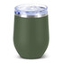 A drink bottle in matte olive green with a clear lid and a silver band, featuring a logo.