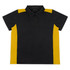 A black and yellow polo shirt with a collar, featuring short sleeves and an undefined logo.