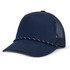 A navy trucker cap with a mesh back and a braided band across the front, featuring a logo.