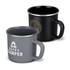A set of two enamel mugs in grey and black, featuring a handle and one with a logo.