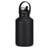 A drink bottle in matte black, featuring a handle and a screw-on lid, with a logo on the front.
