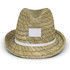 A straw fedora hat with a wide brim and a white band around the crown. It features a plain branding area.