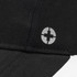 A black five-panel cap featuring a branded logo on the side.
