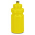 A drink bottle in bright yellow with a black push-pull cap and a smooth, rounded body. It features a logo.