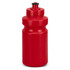 A red drink bottle with a black lid, featuring a simple design and a rounded body for easy grip.