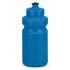 A drink bottle in bright blue, featuring a screw-on lid and a simple design. It includes a logo on the side.