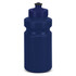 A drink bottle in navy blue with a screw-on lid and a spout. It has a rounded, ergonomic shape and a logo.
