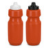 A drink bottle in orange with two cap options: one white and one black. It features a simple design and a logo.