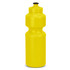 A drink bottle in bright yellow with a screw top lid and a rounded body. It features a logo.