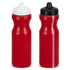 A drink bottle duo in vibrant red, featuring white and black caps, with branding visible on each bottle.