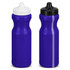 A drink bottle in vibrant purple with two lid options: black and white. The bottle features a logo on its body.