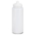 A drink bottle in a translucent white colour with a screw top lid and a narrow spout. It features a branding logo.