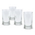 Four clear glass tumblers with a sturdy base, arranged closely together on a white background.