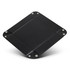 A black valet tray with a smooth surface and metal fasteners at the corners. Features a simple, elegant design.
