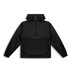 A black women's windbreaker jacket featuring a hood and a front pocket. It has a logo on the design.