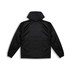 A black windbreaker jacket featuring a hood and elastic cuffs, with a logo on the back.