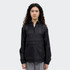 A black windbreaker jacket for women featuring a hood and a front pocket, displaying a logo on the front.