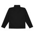A black unisex soft shell jacket featuring a high collar and long sleeves. The jacket has a logo branding.
