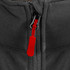 A black vest with a zip closure featuring a red zip pull tab and a logo on the fabric.