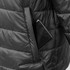 A black puffer jacket with a smartphone tucked into a side pocket. The jacket features a zippered pocket.