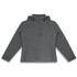 A grey soft shell jacket with a hood, featuring a zip front and a chest pocket. Includes a logo.