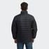 A black unisex puffer jacket viewed from the back, featuring a high collar and a simple design.