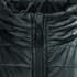 A close-up view of a black women's puffer jacket featuring a high collar and zip closure.