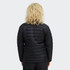 A women's puffer jacket in black, featuring a horizontal quilted design, shown from the back.