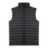 A black puffer vest featuring a zip front and a high collar. The vest has a quilted pattern and includes branding.